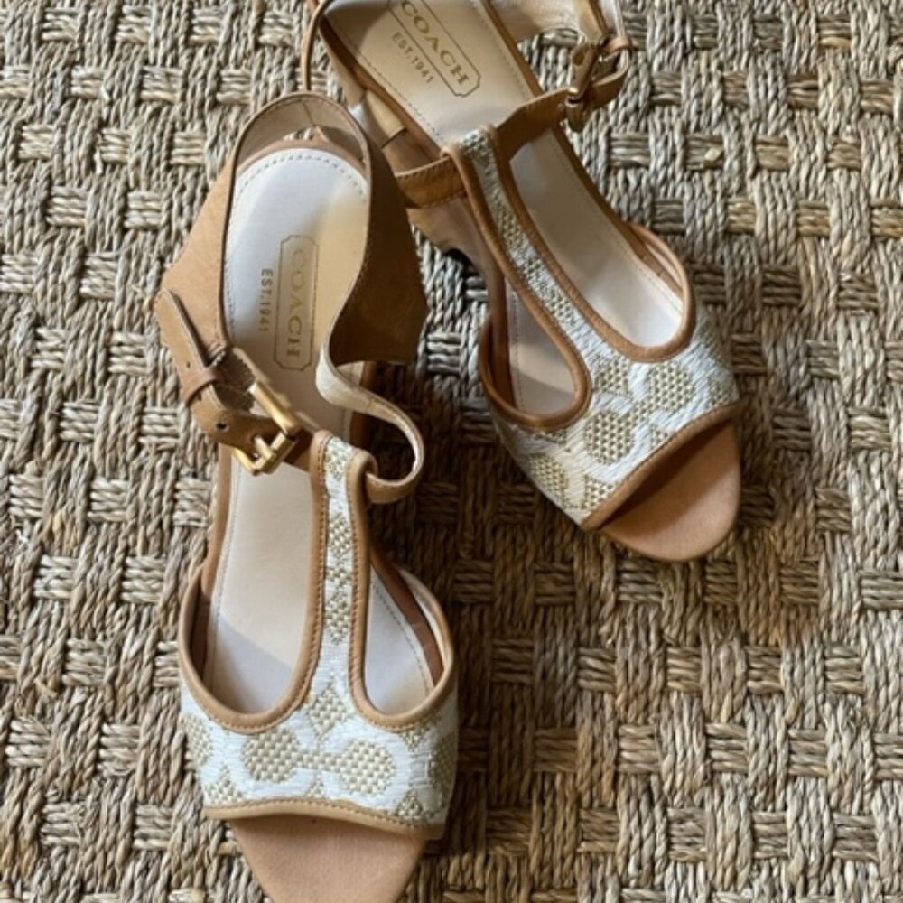 Coach Nelly tan & white raffia signature jacquard platform T-strap wooden wedge